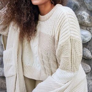 Aerie Patchwork Crewneck Cable Knit Sweater